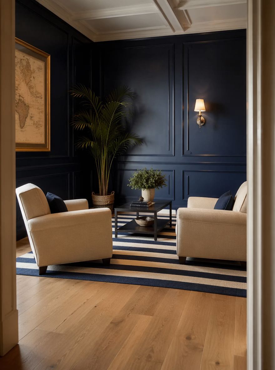 Pareti navy con soffitto bianco a cassettoni