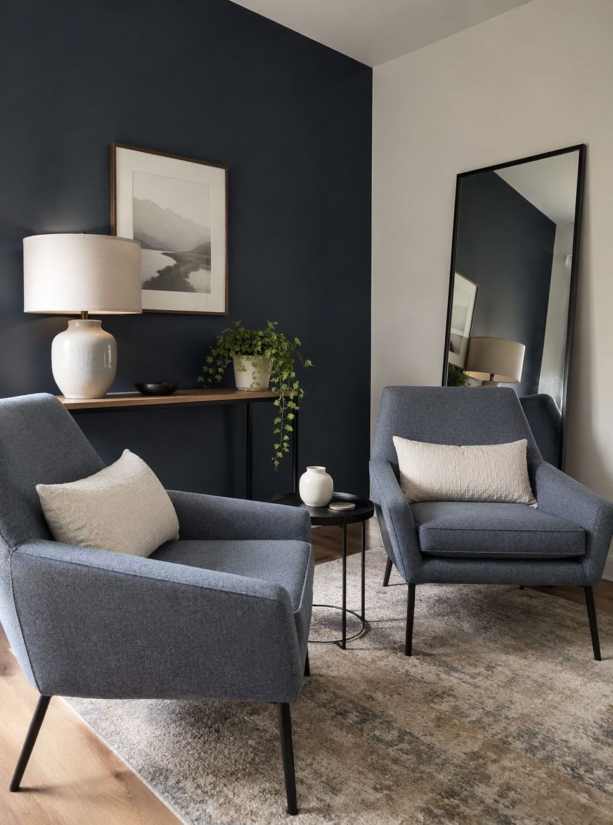Parete navy con coppia di poltrone ardesia