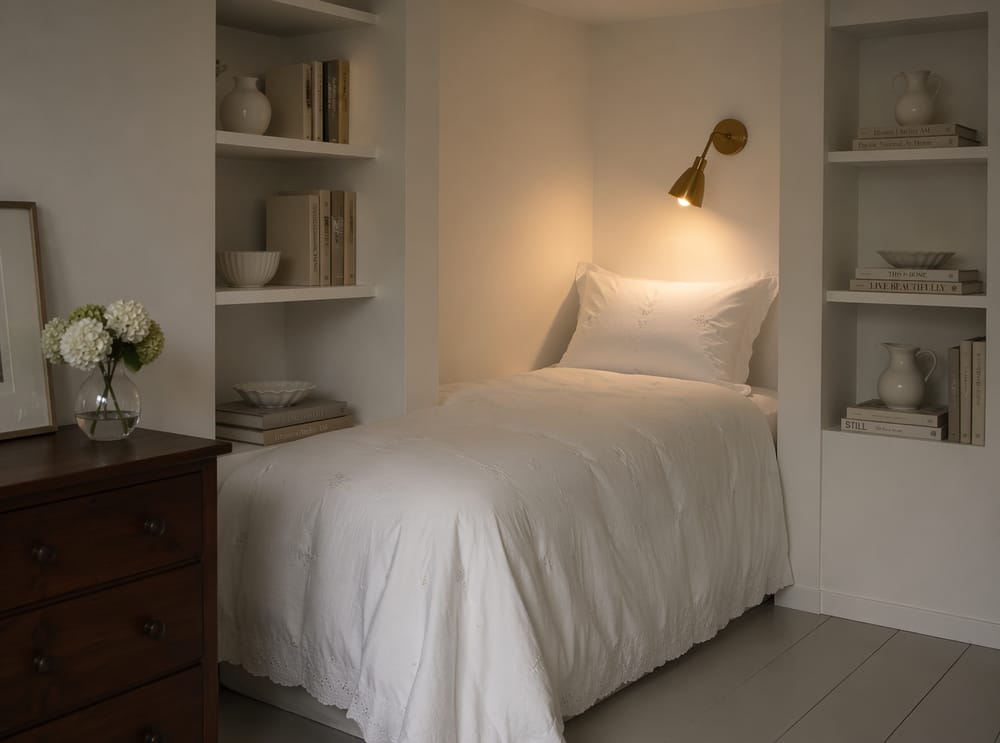 Letto singolo inserito in alcova bianca integrata