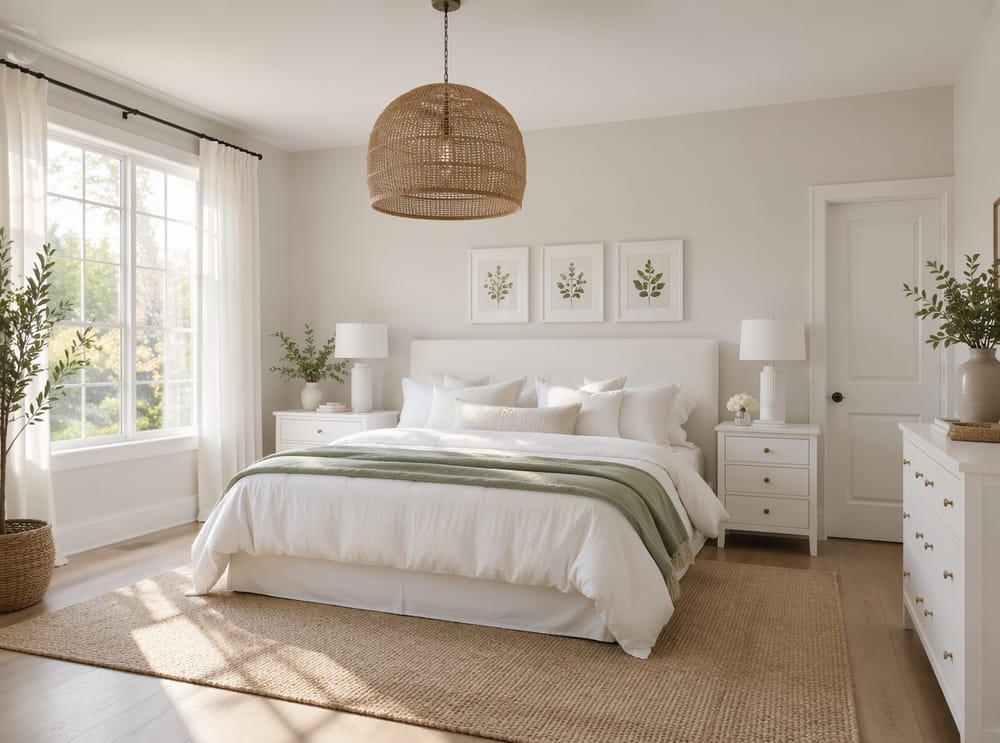Stampe botaniche sopra il letto, plaid salvia come dettaglio