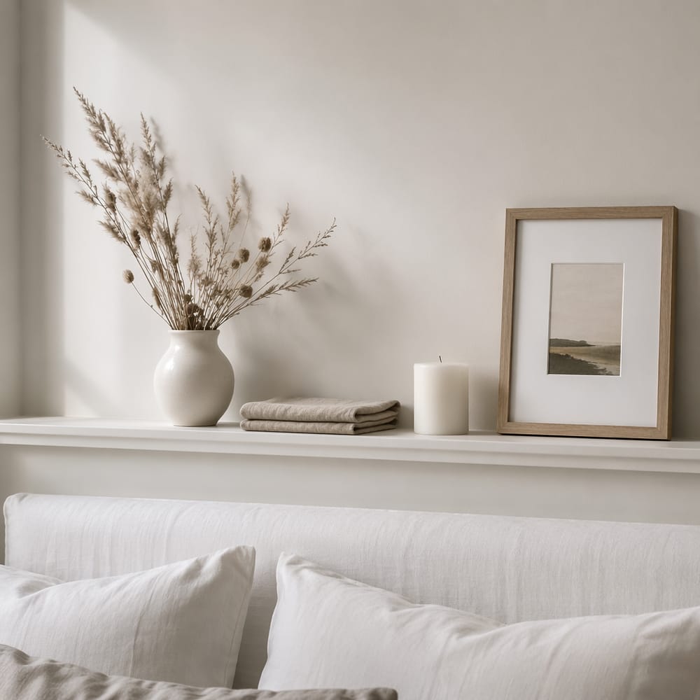 Mensola decorata sopra il letto con erbe essiccate e candela