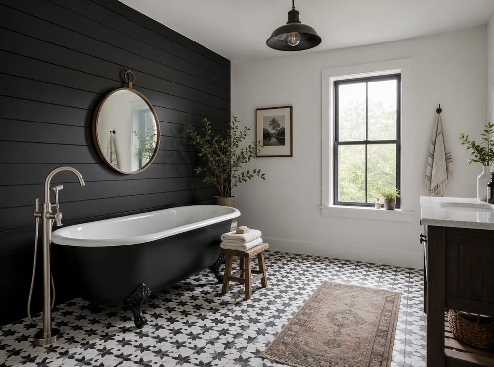 Pared de tablones negros detrás de una bañera con patas