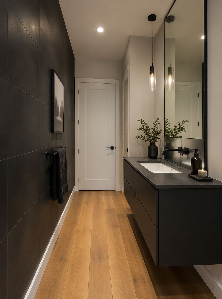 Espejo alto que refleja un baño estrecho de azulejo oscuro