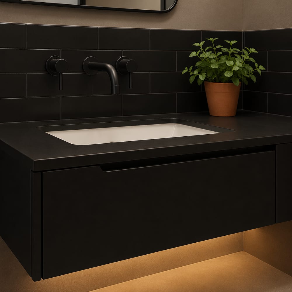 Grifo negro mate y detalle de lavabo empotrado blanco