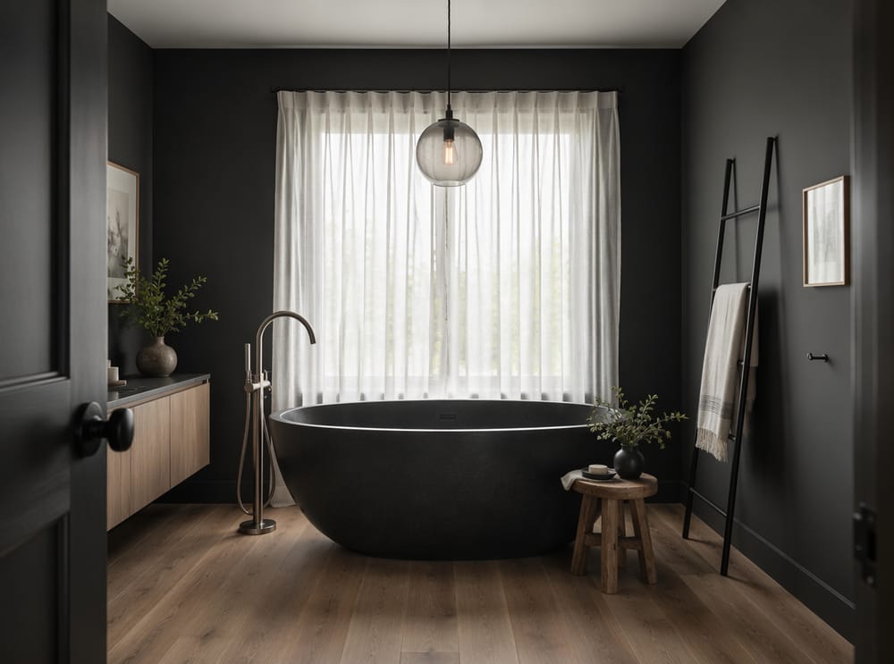 Bañera de resina negra bajo una ventana con cortinas ligeras