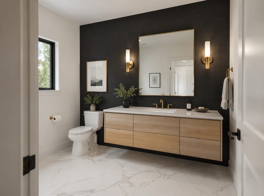 Lavabo de roble sobre azulejos negros mate y acentos dorados