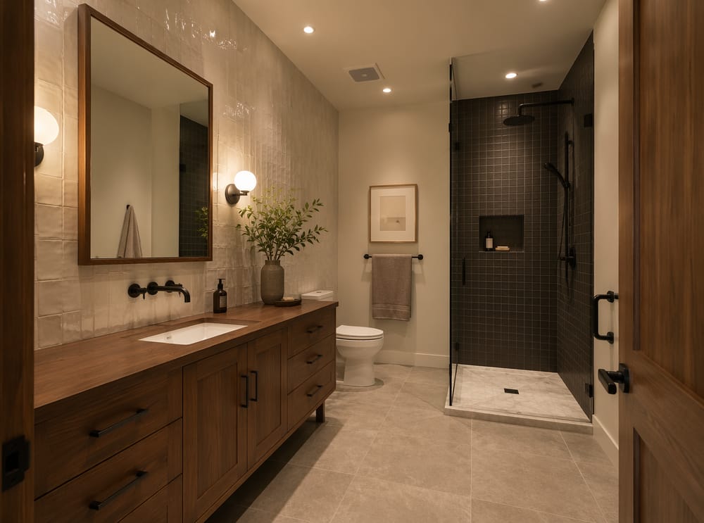 Ducha de azulejo negro junto a lavabo de nogal cálido
