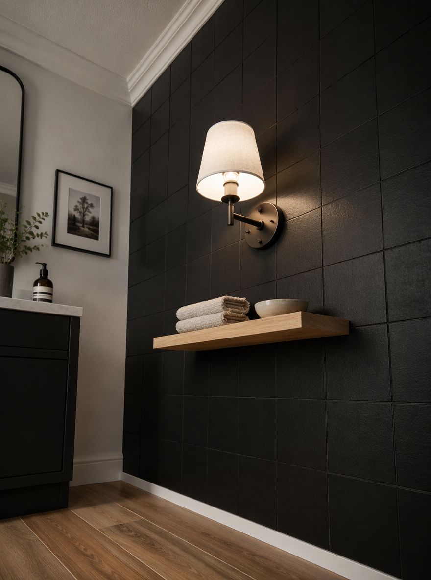 Luz de aplique sobre superficie de azulejo negro mate