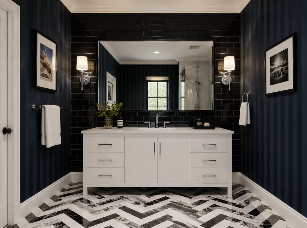 Azulejos tipo metro brillantes detrás de un lavabo blanco lacado