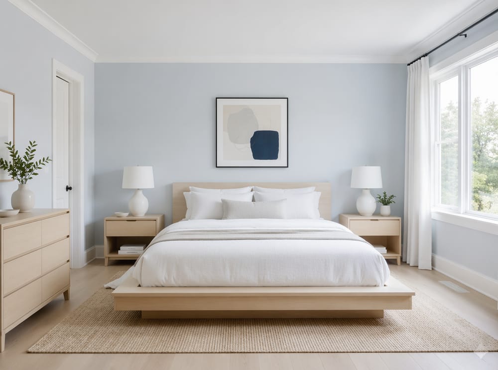 Camera scandinava azzurro ghiaccio con letto in betulla