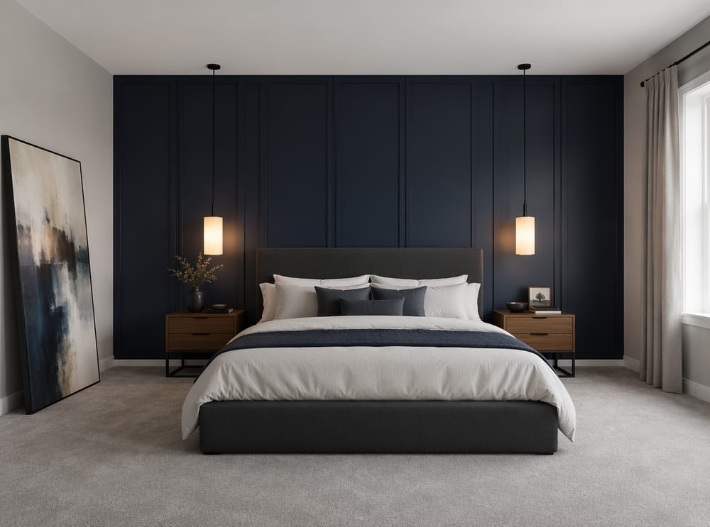 Boiserie navy dal pavimento al soffitto dietro testiera antracite