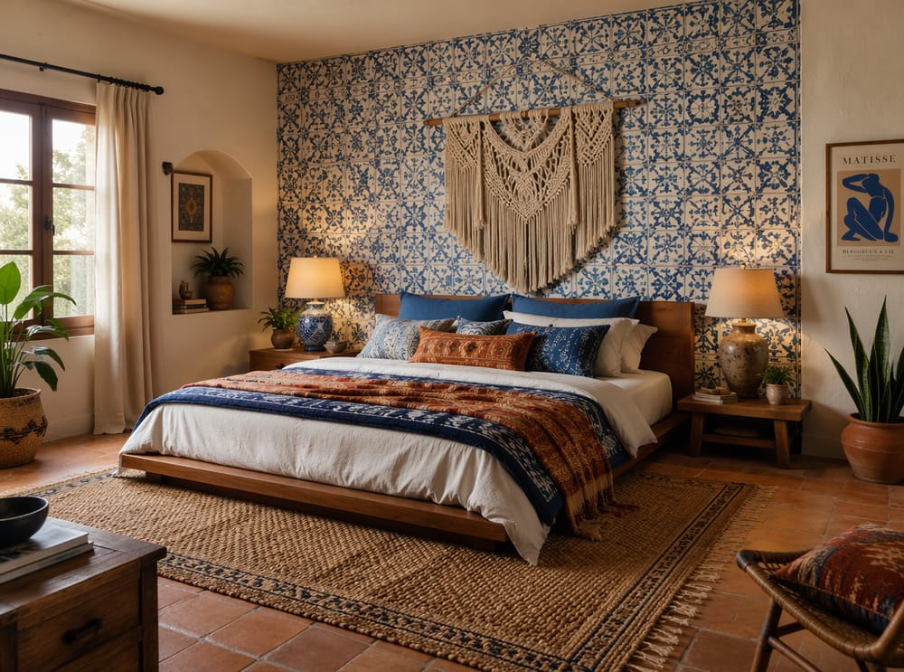 Carta da parati blu decorata in stile boho