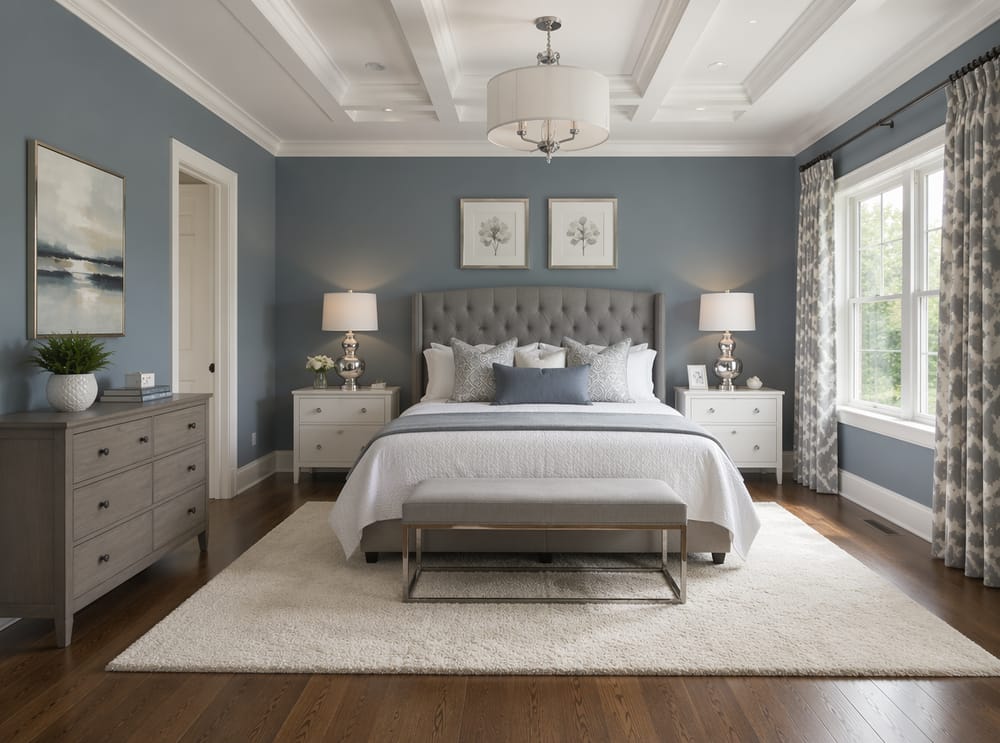 Pareti blu-grigio con soffitto a cassettoni e lampade cromate