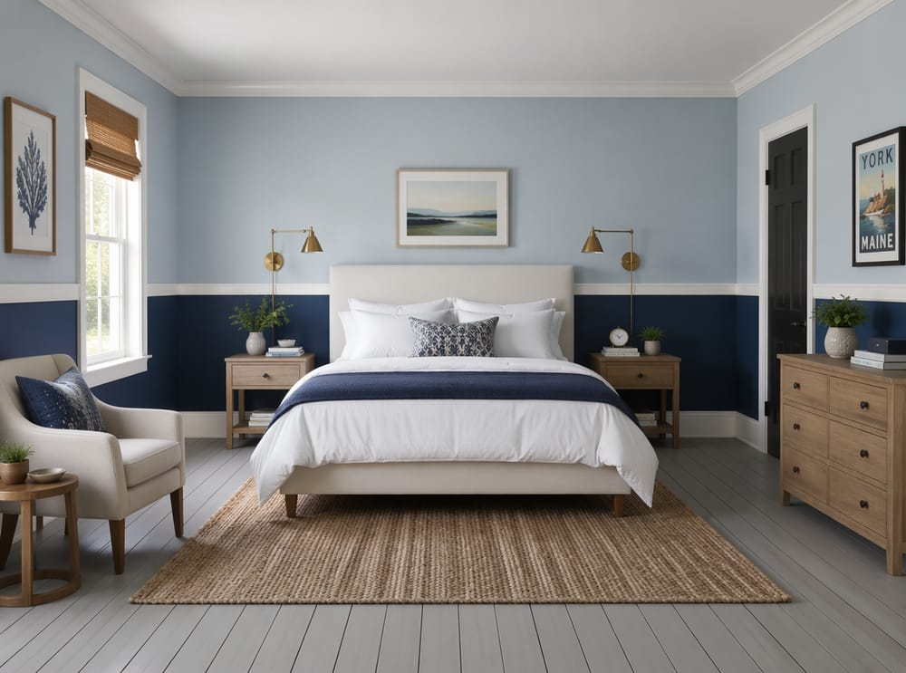 Parete bicolor navy e azzurro chiaro con applique orientabili