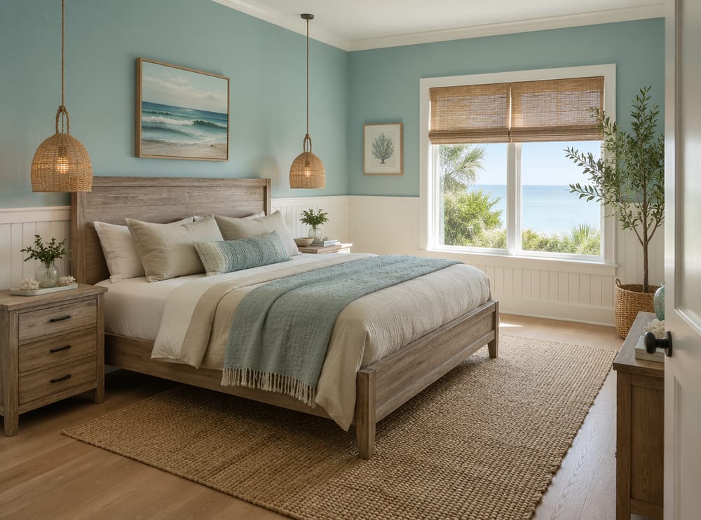 Camera da letto costiera azzurro acqua con lampade in rattan
