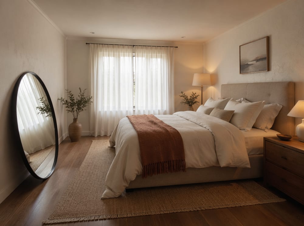 Kulaté opřené zrcadlo, terrakotová vlněná deka, lněná lampa