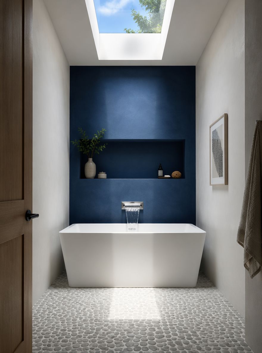 Repisas de nicho índigo sobre bañera rectangular exenta