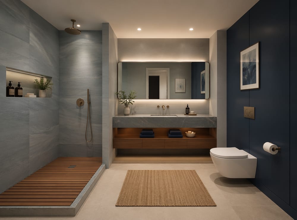 Ducha abierta junto a panel de acento azul marino