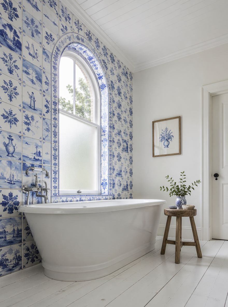 Azulejos estilo Delft enmarcando ventana arqueada sobre la bañera