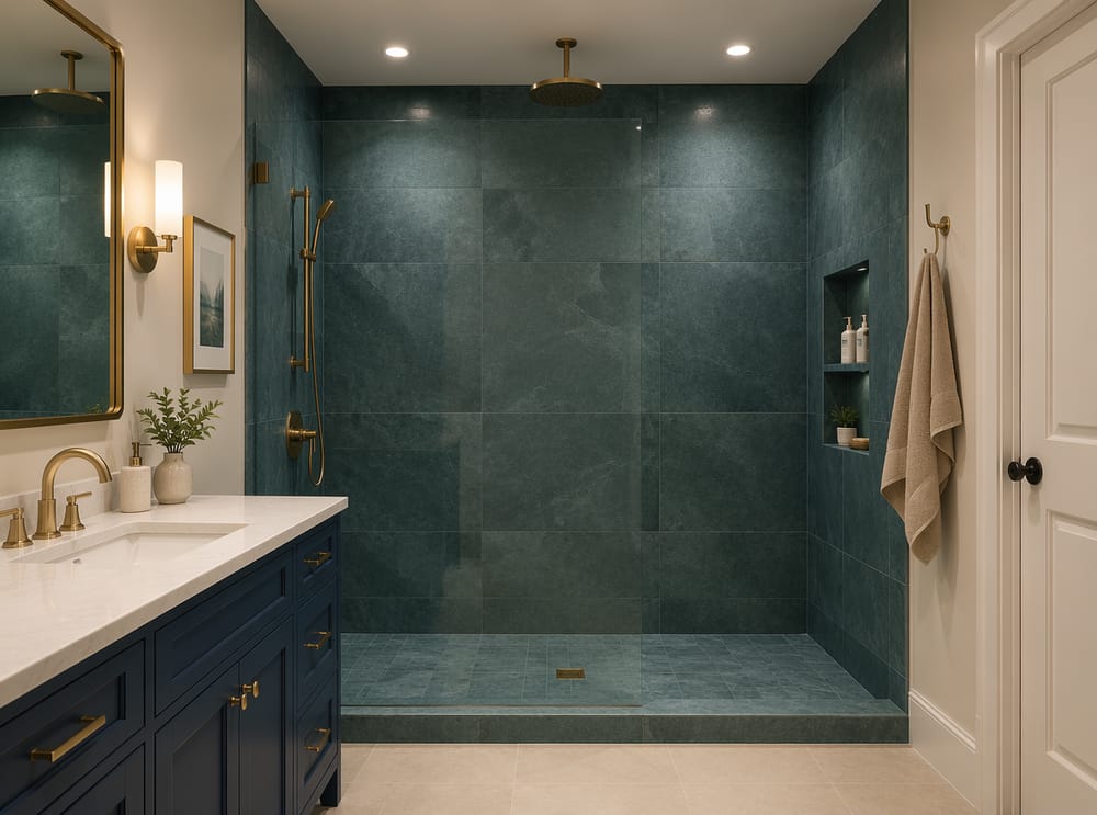 Azulejos de ducha efecto piedra verde azulado con gabinete de tocador azul marino