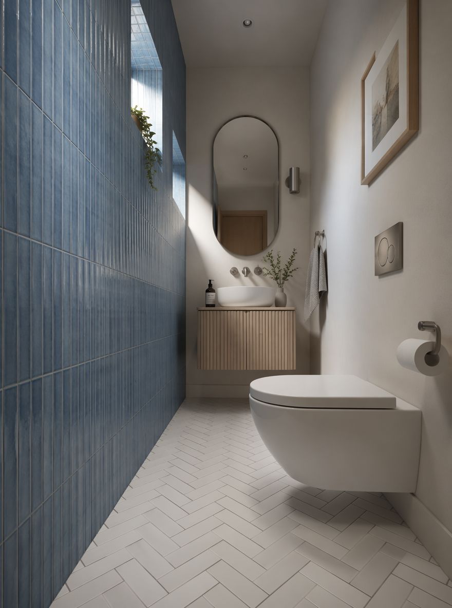 Azulejos verticales azul denim en baño angosto