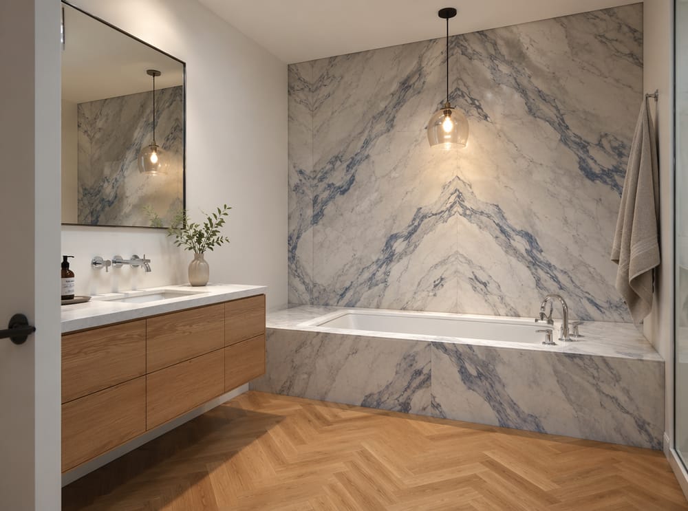 Azulejos de mármol con vetas azules en pared alrededor de la bañera