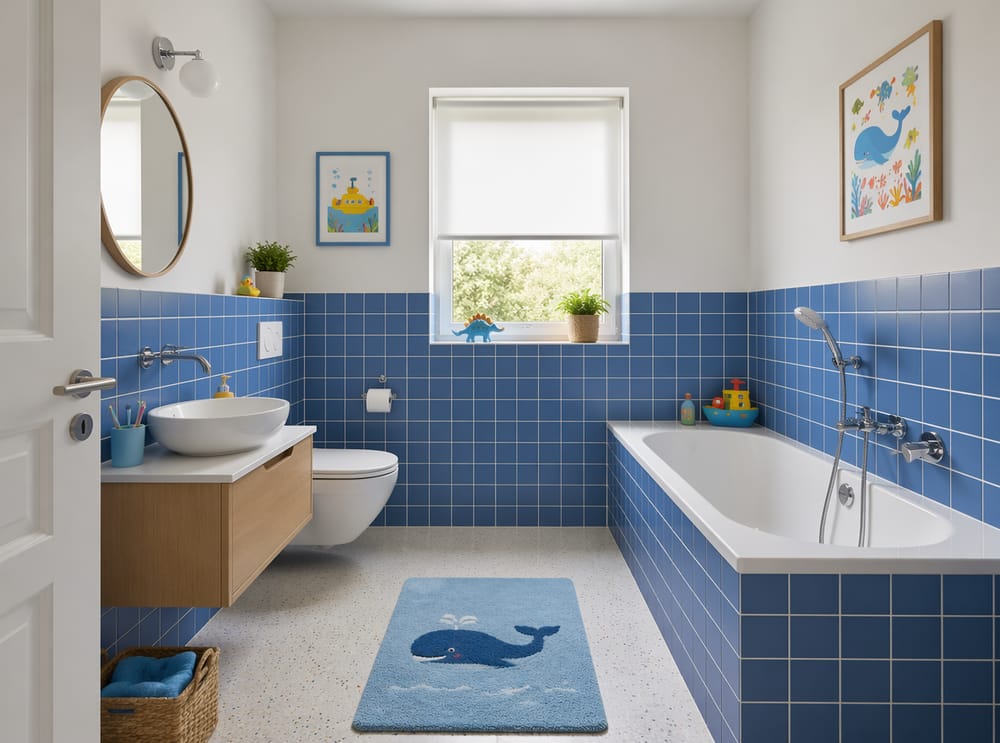 Azulejo azul medio en la parte inferior del baño familiar