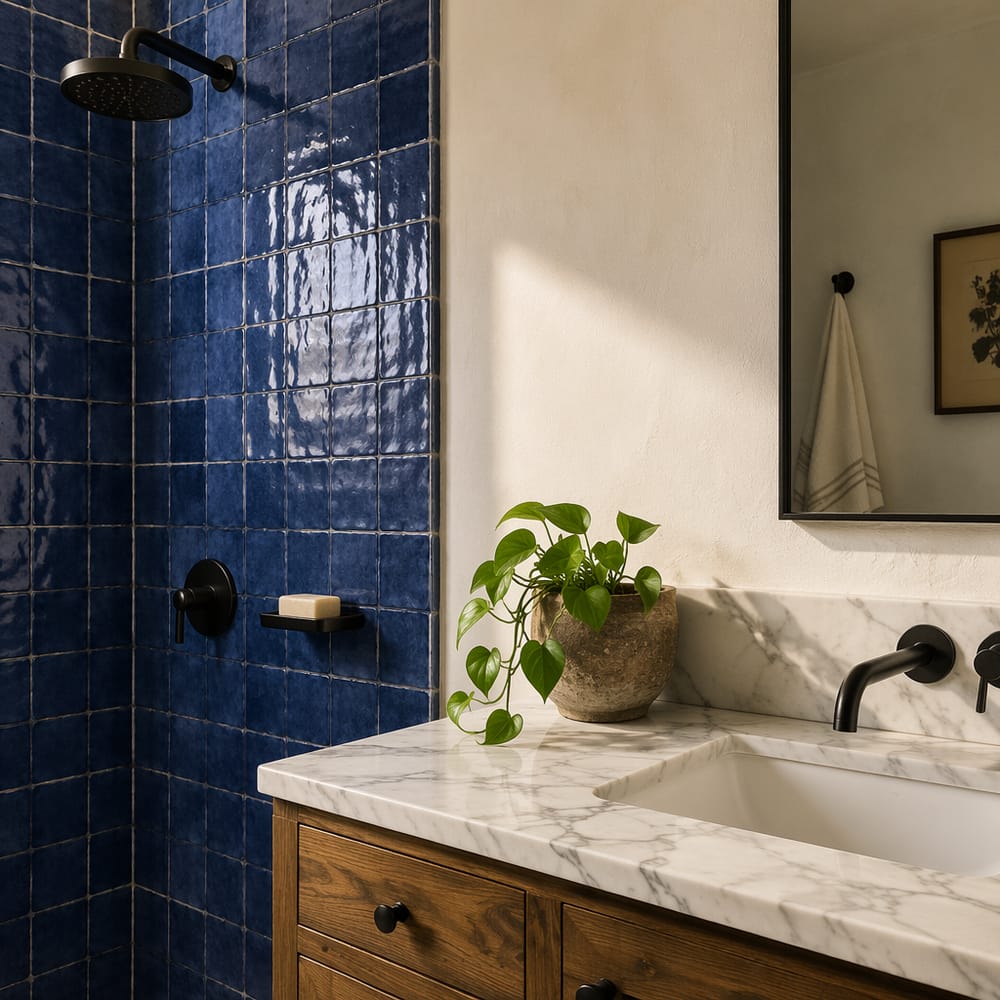 Azulejos cobalto artesanales junto a encimera de mármol blanco