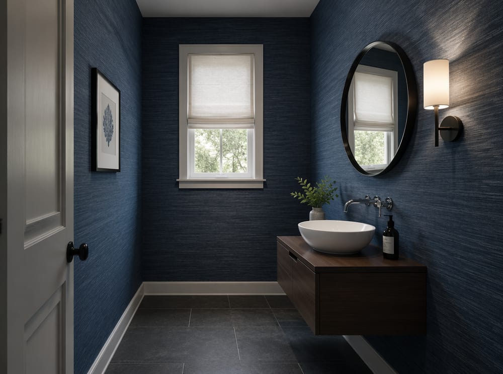 Baño de visitas con papel tapiz azul océano y espejo convexo