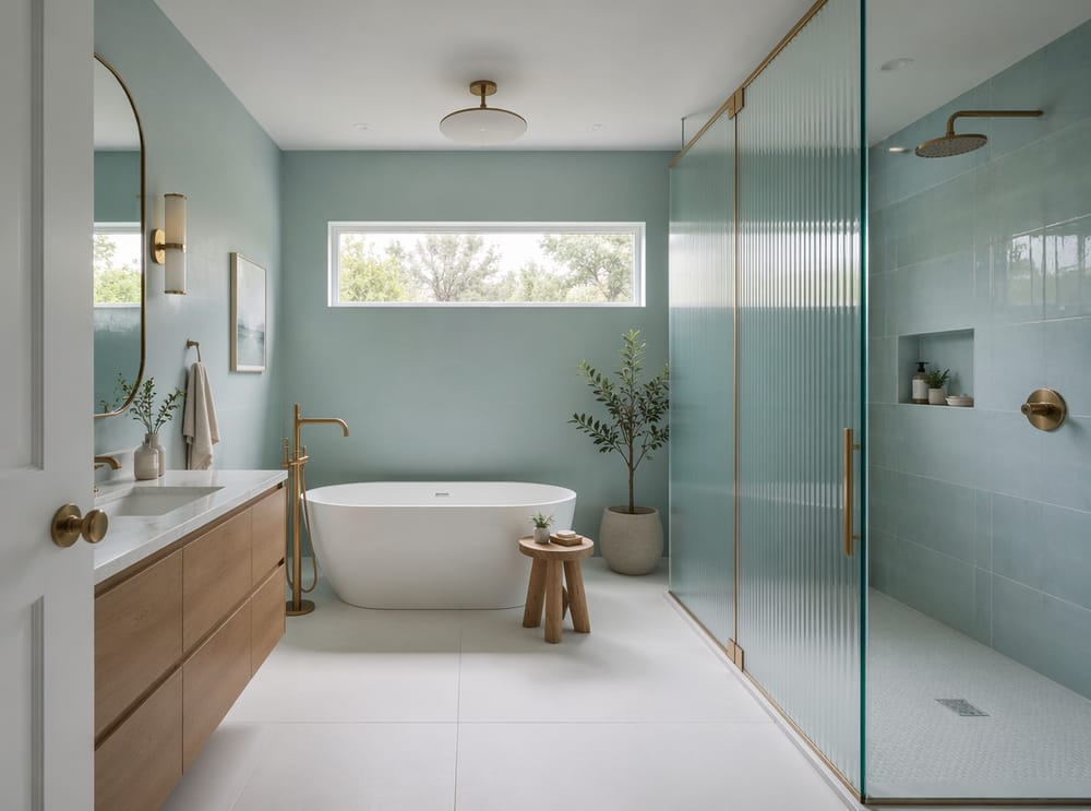Azulejos de ducha azul huevo de pato reflejados en pared trasera pintada