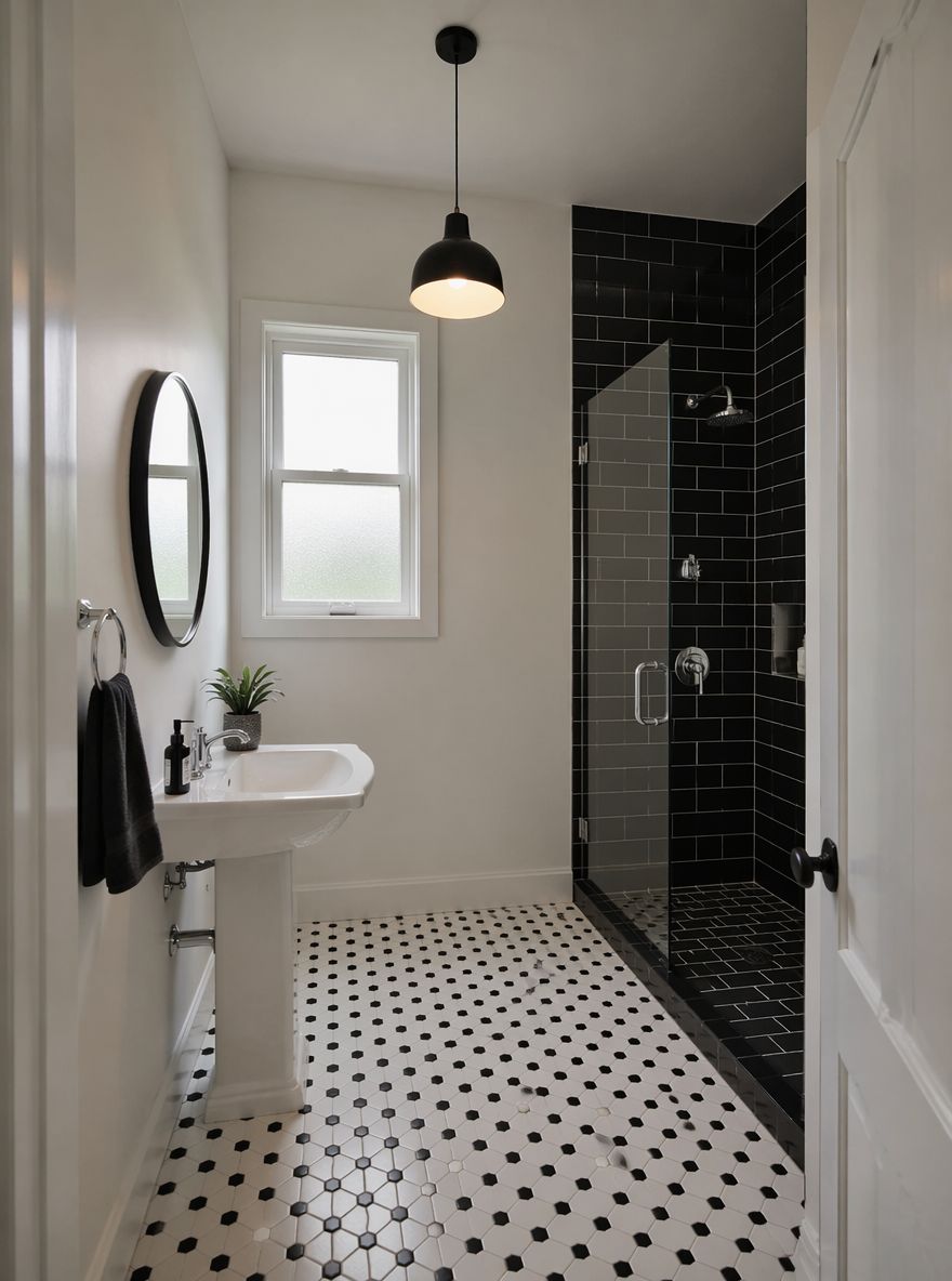 Ducha con azulejo tipo metro negro junto a lavabo pedestal blanco