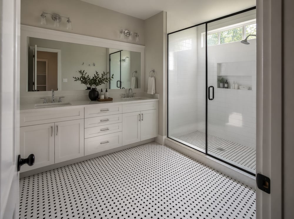 Vanitory y ducha separados con piso de mosaico