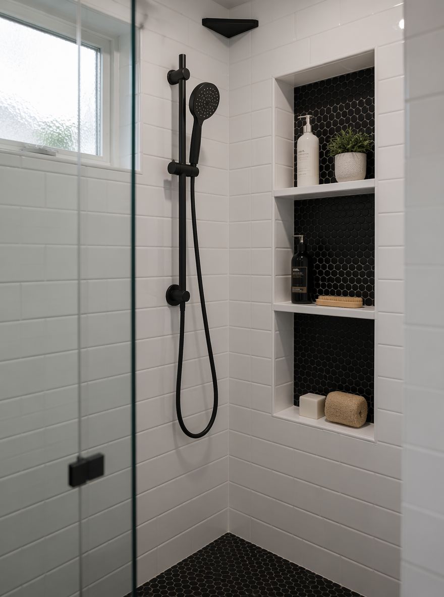 Nicho empotrado con interior de mosaico negro tipo 'penny tile'