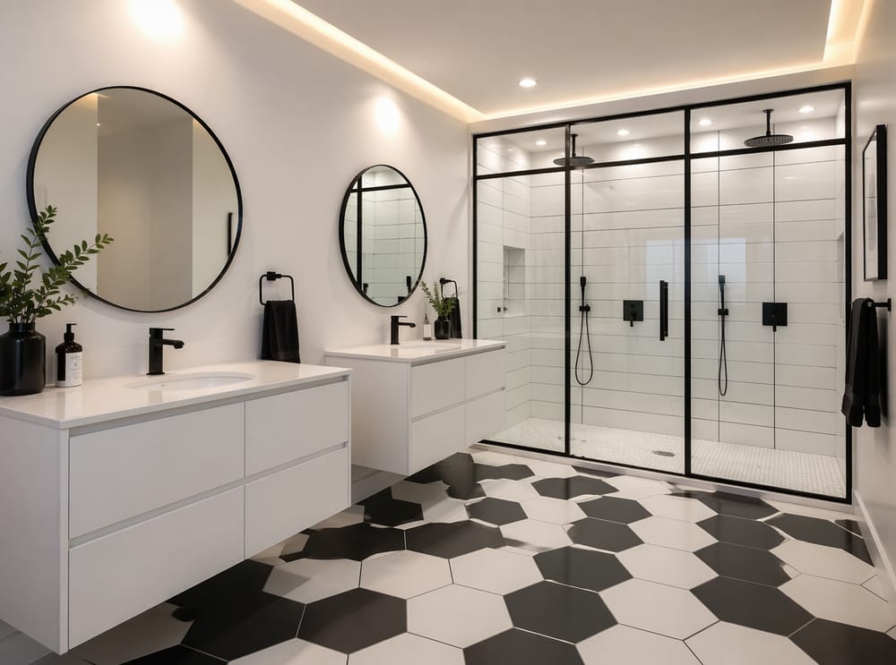 Ducha doble tipo walk-in con marco negro en cuadrícula