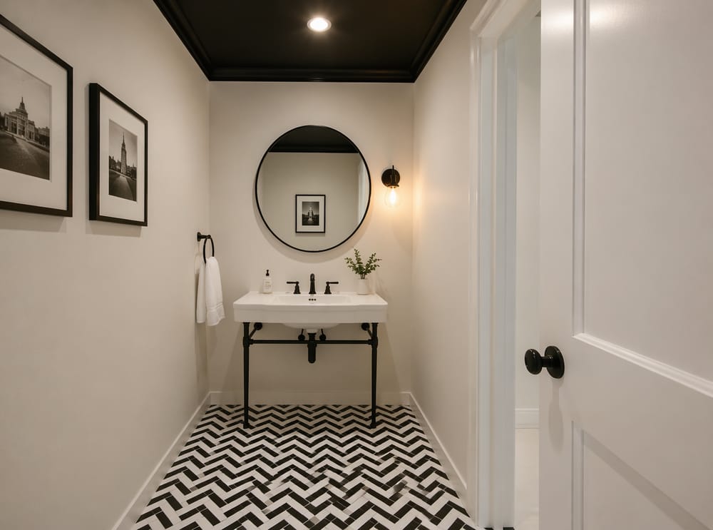 Baño de visitas con techo negro y piso en espiga