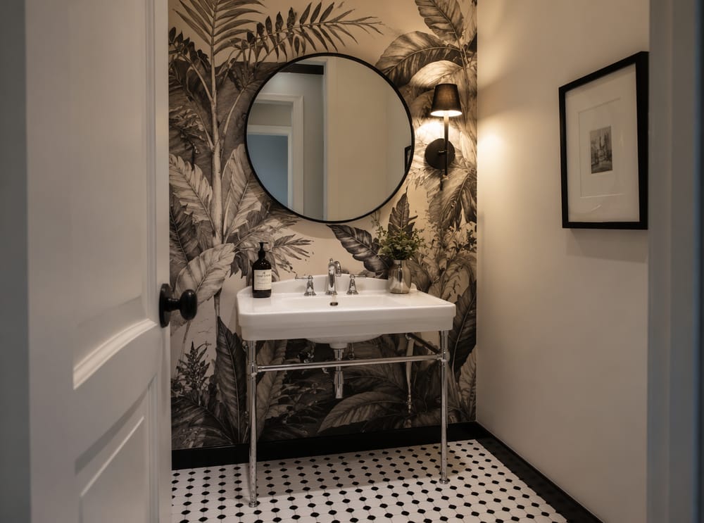 Pared de acento con papel tapiz botánico en baño de visitas