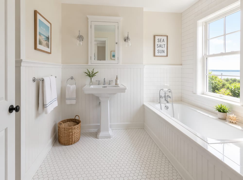 Bagno stile cottage con boiserie e lavabo a colonna