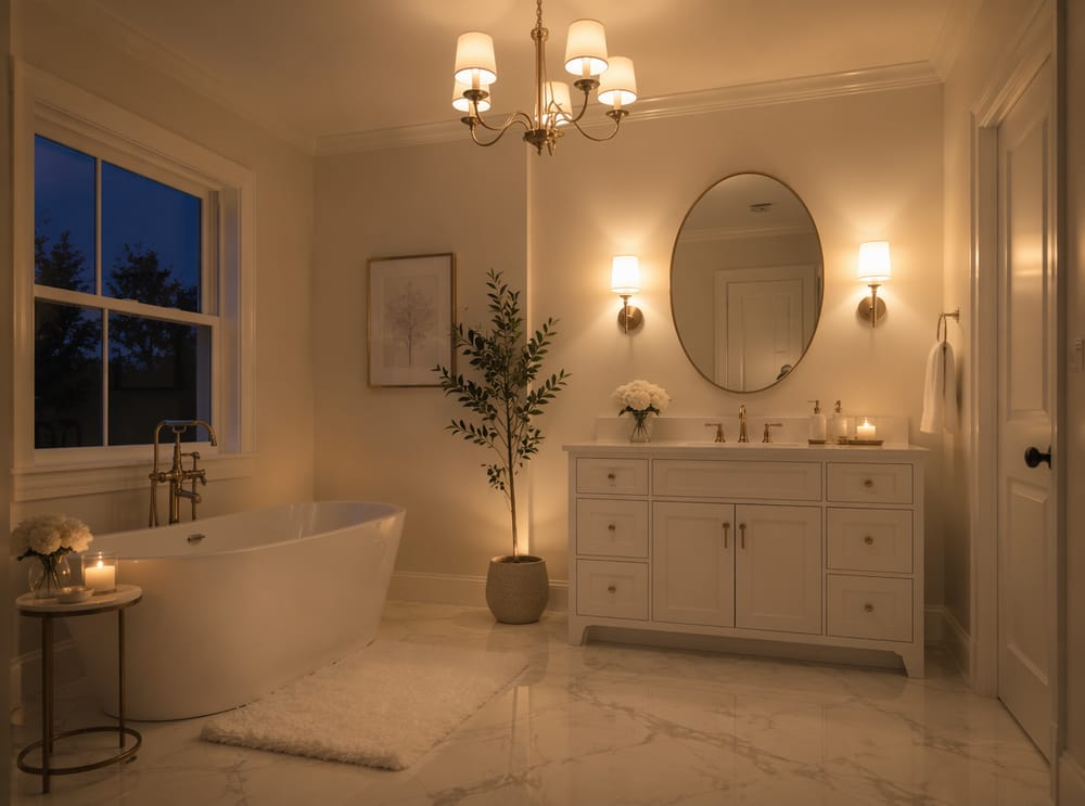 Illuminazione artificiale calda a più livelli al tramonto in bagno bianco