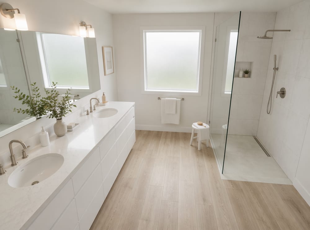 Mobile scandinavo a pannelli lisci con pavimento effetto rovere