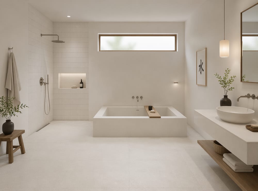 Vasca quadrata bassa in bagno giapponese minimalista bianco