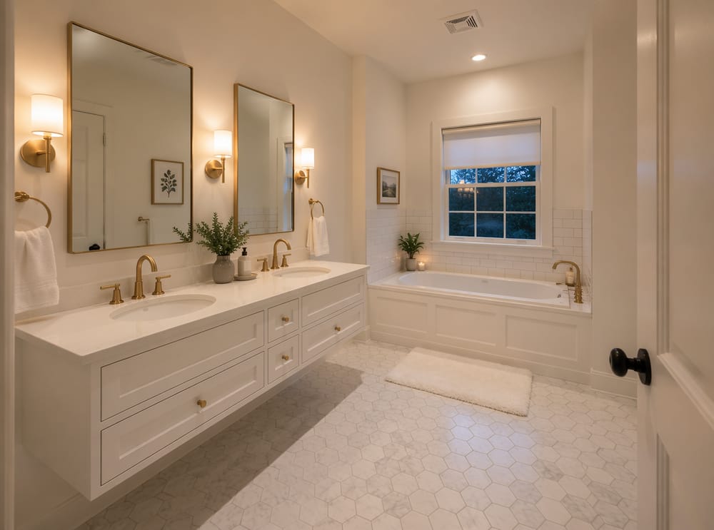Bagno completamente bianco con illuminazione calda a strati