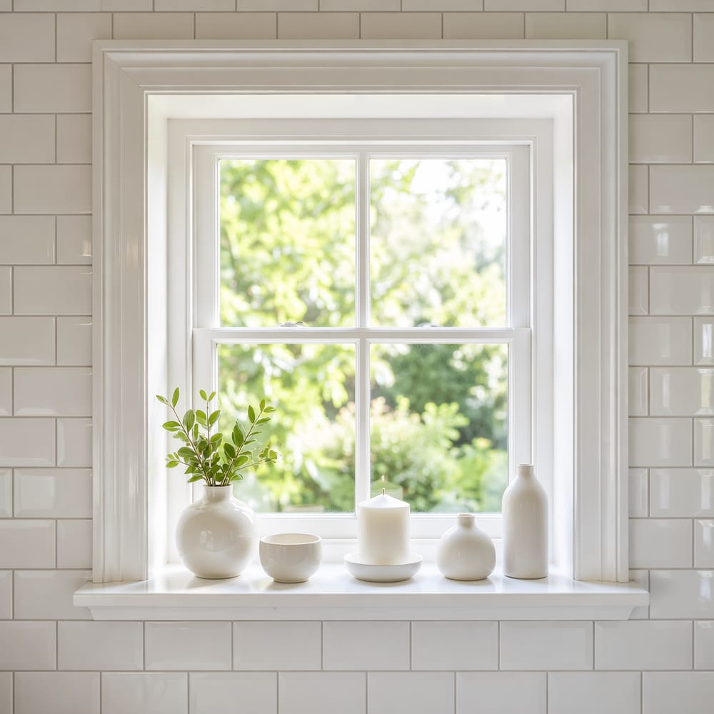 Davanzale bianco con vasi in ceramica e vista sul giardino