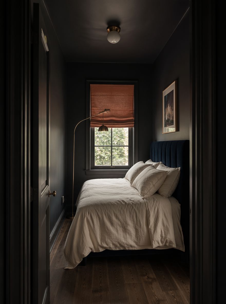 Effetto bozzolo con soffitto e pareti nere, velluto blu navy