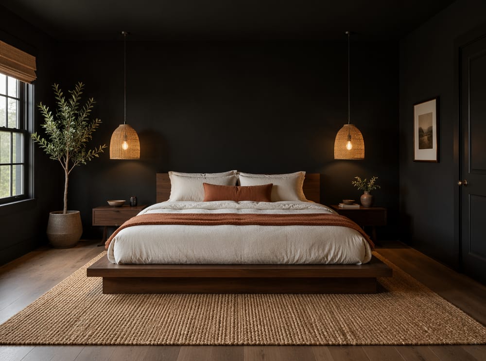 Stanza total black ammorbidita da ruggine e rattan