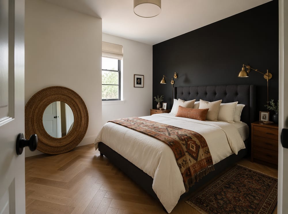 Parete nera singola, lampade orientabili in ottone, plaid ruggine