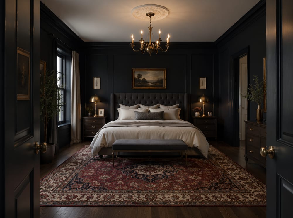Pareti blu navy quasi nere, lampadario in ottone e tappeto persiano