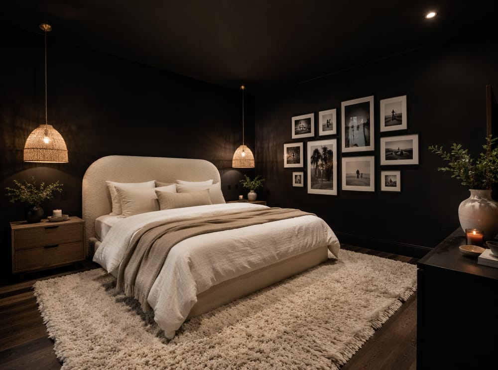 Stanza total black con testiera arrotondata in bouclé e lampade in rattan