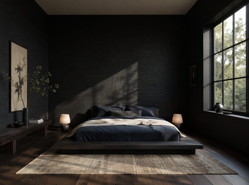 Carta da parati in lino nero con letto basso in stile giapponese