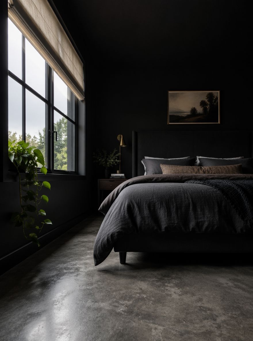 Parete finestrata nera con pianta ricadente e luce grigia