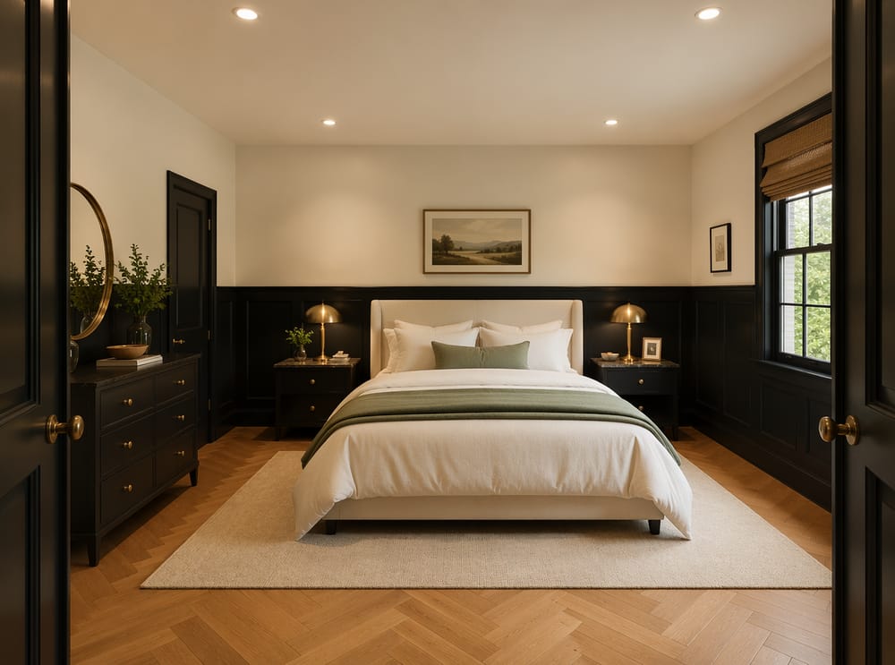 Boiserie nera con lampade in ottone e plaid verde salvia
